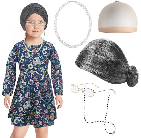 FEOYA Kinder Oma Kostüm Alte Dame Cosplay Zubehör Set Grauer Dutt Perücke Kappe Brille Brillenketten Perlenkette Karneval Halloween Weihnachten Party Fasching Anzug Old Lady Kostüm Set 4 - 5 Jahre