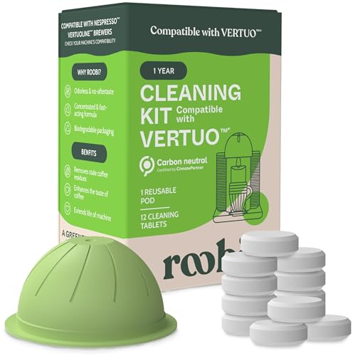 Roobi Cleaning Kit Compatible with Nespresso Vertuoline. Includes 1 Reusable Pod & 12 Cleaning Tablets. Carbon Neutral Vertuoline Cleaner Kit. 1 Year Supply.