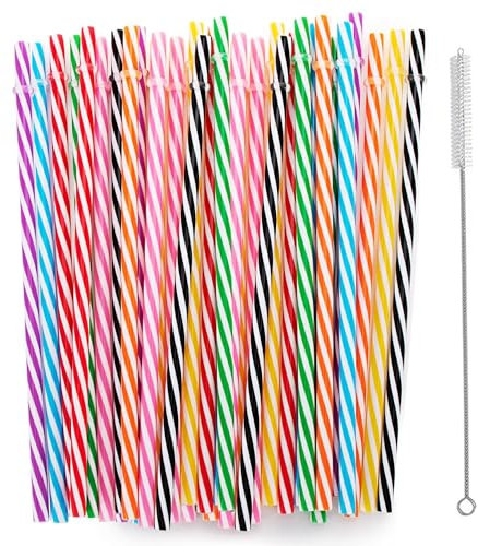 100 Stück Wiederverwendbare Strohhalme, L 23cm×D 7,3mm Strohhalme Plastik mit Reinigungsbürste, Spülmaschinenfeste, Verdickte Trinkhalme Plastik.