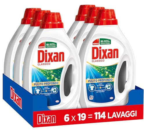 Dixan Liquido Classico Detersivo Lavatrice (6 confezioni da 19 Lavaggi), per una pulizia profonda del bucato e freschezza igienica per la lavatrice, Rimuove le macchie da 20°C