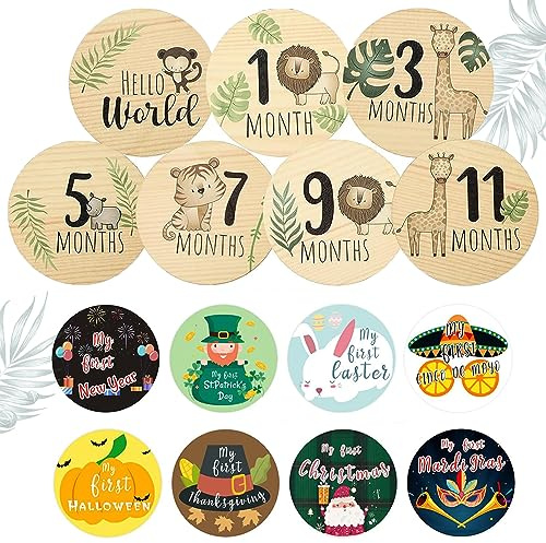 KAMHBE Milestone Babykarten 7 Stück Meilensteine Baby Cards mit 8 Stück Baby Milestone Stickers rund Willkommensschild Neugeborenes aus Holz Karten Foto Prop