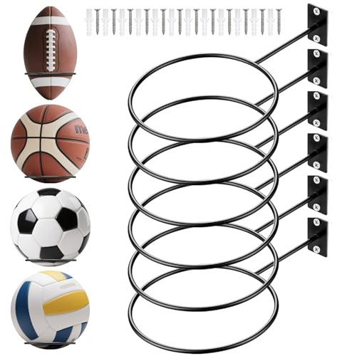 6 st bollhållare väggfäste för basket, fotboll, väggfästad bollställ, väggmonterad bollhållare med skruvar och plastdubba för basket, fotboll, rugby, volleyboll, metall, svart