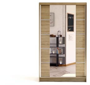 ELUKS - DERVINO Sliding Doors Wardrobe with Mirror Furniture for Bedroom Living Room and Hall Wardrobe Organizer Width 100cm/120cm/150cm/180cm/200cm/WHITE/BLACK/OAK (Oak, 100cm)