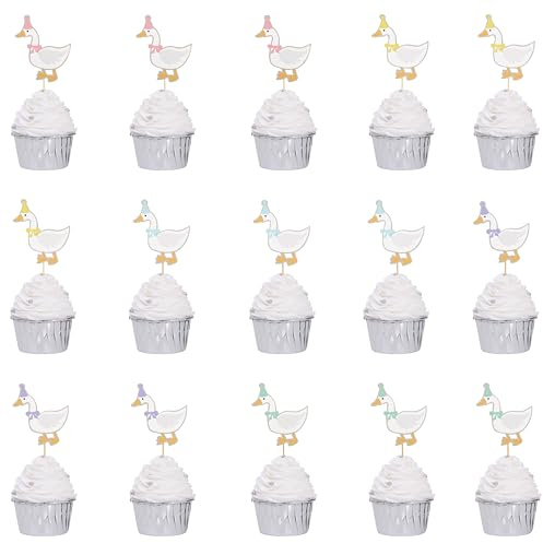 15Pcs One Silly Goose Cupcake Toppers - Silly Goose Cake Decorations, Cute Animal Theme Party Photo Props, Silly Goose Birthday Photo Props, Flower Lawn Cute Animal Party Supplies (Goose Cupcake