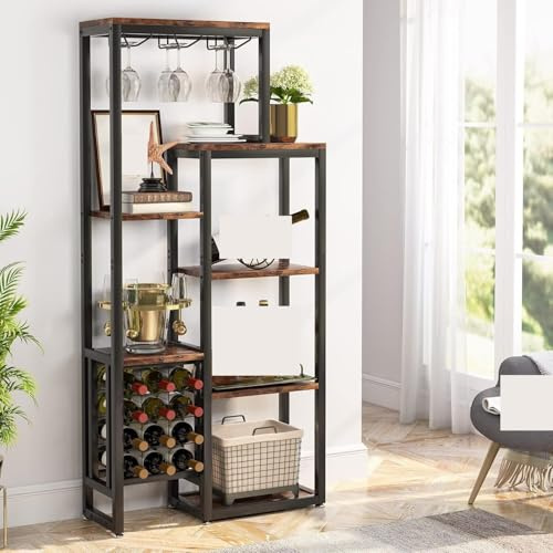 YDHSIKK Grand Coin étagère de Stockage Étagère à vin autoportante à 5 Niveaux avec Rangement for Verres et vin, Marron Rustique, 80 x 30 x 175 cm