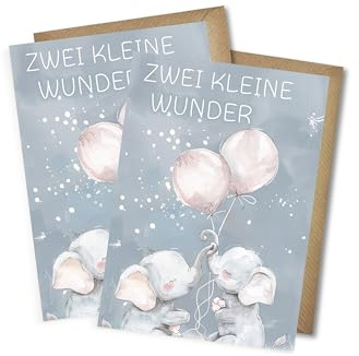2er-Set Glückwunschkarten zur Geburt von Zwillingen mit Umschlägen - Geschenkarten Zwei kleine Wunder Zwillingsmädchen Babybarty Geburtsglückwunsch Babyglückwünsche Elefanten DIN A6 (2er-Set)