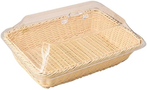 Corbeille À Pain en Rotin avec Couvercle Panier De Service De Table Tressé Corbeille À Fruits en Polyosier pour Légumes, Restaurant, Vitrine, Cuisine, Fête,Beige,35X25X15CM