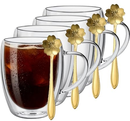 4 Pack Double Walled Glass Coffee Cups 350 ml Clear Coffee Mugs with Handle | Cappuccino Macchiato Glasses Insulated Latte Cups with Spoons for Milk, Tea Bag, Juice, Ice Cream Espresso