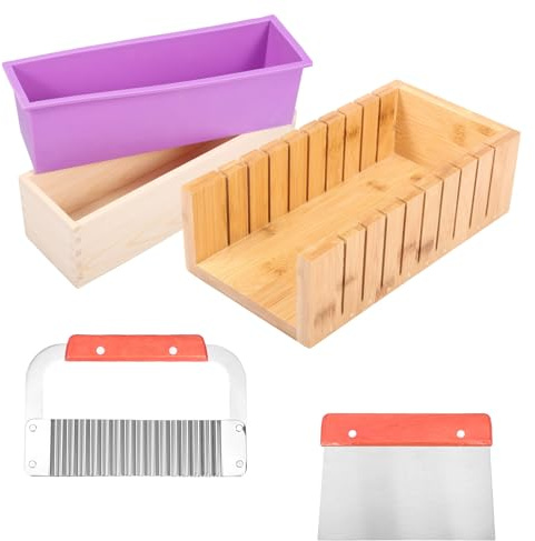 Conjunto de cortadores de jabón, molde de jabón rectangular de silicona con caja de madera, cortador de jabón de madera ajustable, acero inoxidable, corte recto y ondulado, herramienta de bricolaje