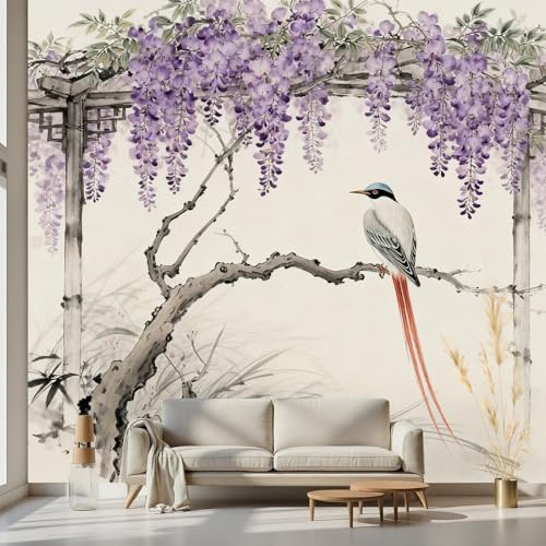 Kioldoq Glyzinien Floral Tapete 200 x 140 cm, Vogel Tier Tapete | Blüten Botanisch Fototapete Wand 3d Effekt Dekoration, Selbstklebende Motivtapeten Schlafzimmer Wohnzimmer