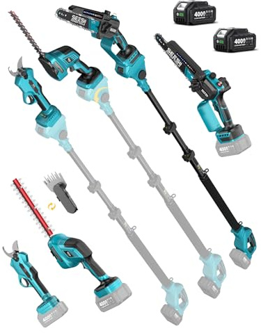 SEESII Mini Motosega a Batteria 6 Pollici & Tagliasiepi & Forbici, Set Attrezzi da Giardino Telescopico 8-in-1 con 2x 4000mAh Batterie, Motore Brushless, per Potatura Alberi e Siepi
