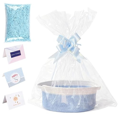 Geschenkkorb Leer Groß, Blau Geflochten Korb für Geschenke mit Geschenktüten und Bändern, Präsentkorb Leer für Geburtstag, Hochzeit, Babyparty, Erntedank, Weihnachten (Blau und Weiß)