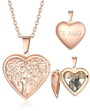 Custom4U Collier Personnalisé Photo Or Rose avec Photo Intérieure, Médaillon Coeur avec Gravure Prénom et Texte, Cadeau Souvenir Anniversaire Noël