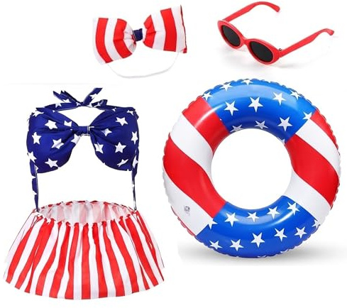 Vistnale veranda gäss kläder, 4th of July veranda gäss outfit set – patriotisk simring, sommardräkt och tillbehör för 60 cm gräsmatta, sommaroutfit