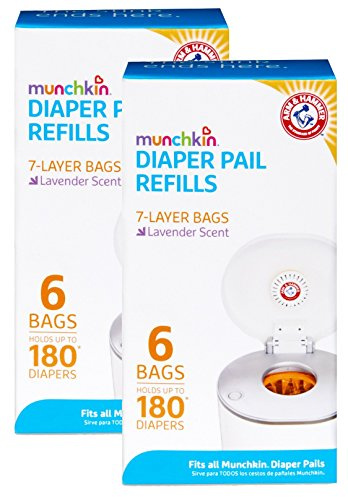 Munchkin Arm & Hammer - Secchio per pannolini a scatto con chiusura e sacchetti di ricarica, 12 pezzi