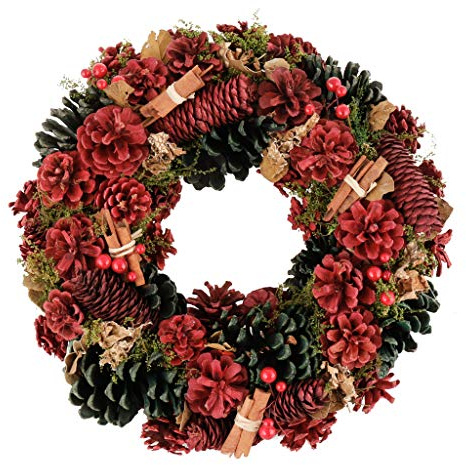 14 Christmas Wreath Pine Cone & Cinnamon Artificial Winter Wreath Garland | Dyed Pine Cones, Dried Cinnamon Sticks, Wall Mounted, Door Wreath, Xmas Decor