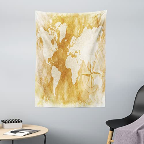 ABAKUHAUS Kompass Wandteppich, Altmodische Weltkarte, aus Weiches Mikrofaser Stoff Klare Farben Maschienenwaschbar, 110 x 150 cm, Creme Tan