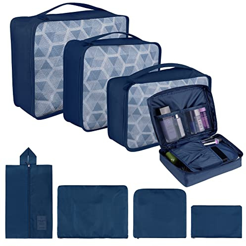 Coolzon Organizer Valigie Viaggio Set 8 Pezzi set, Cubi di Imballaggio Organizer Valigia Perfect Storage Travel Luggage Organizer per i vestiti,Cosmetici,Scarpe,Intimo, Blu Navy