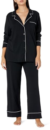 Amazon Essentials Women's Cotton Modal Long-Sleeve Notch Collar Shirt and Full-Length Elastic Waist Pajama Pant Set, Black, 3X