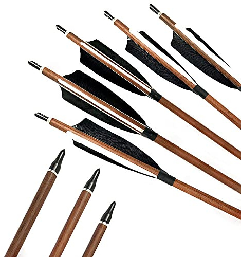 ACCMOS 30 Zoll Bogensport Kohlenstoff Pfeile, ID 6,2 mm Spine 500 mit 4 Zoll Truthahnfeder Holzhaut Jagdpfeil, für Recurve Bogen, Compoundbogen Schießen Übungspfeil 12 Stück (30 inch)