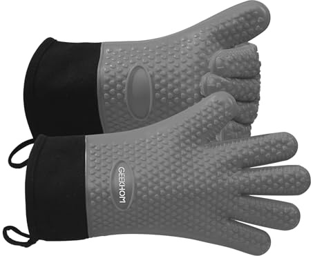 Gants BBQ Anti Chaleur Résistants - GEEKHOM Gants de Cuisine en Silicone pour Four, Grillade, Plancha et Fumoir, Imperméables et Antidérapants avec Doublure en Coton Confortable