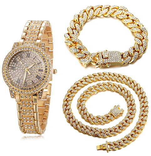 Halukakah Diamanten Gold Uhr, Damen 18K Echtes Gold Plattiert 30MM Breite Round Zifferblatt Quarz Armband 19cm mit Kubanischer Kette 18+40cm Halskette Armband,Kostenlose Geschenkbox