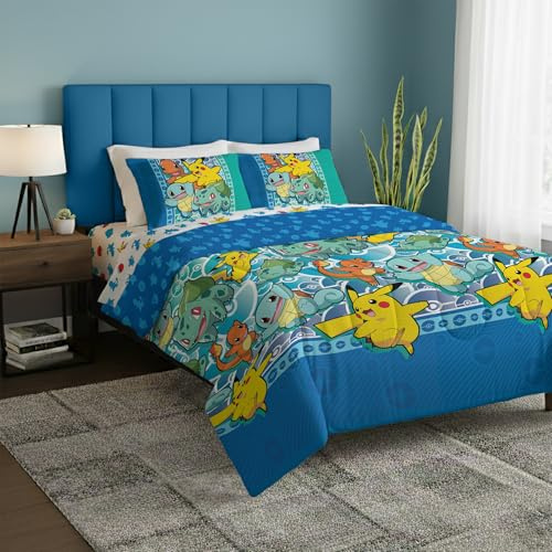 Northwest Pokemon First Starters Full Size Bed in a Bag Set, Pikachu Charmander Squirtle Bulbasaur, Kids Boys Girls Bedding Comforter Sheets