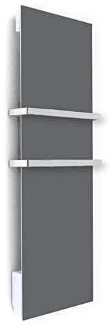 ILO/Radiatore Asciugamani Elettrico Soffiante /1250W + 17 motivi, Design Unico/Radiante/Extra Piatto/IP44/2 barre Inox/Orientamento Verticale/Eco, Silenzioso/Francia/Grigio