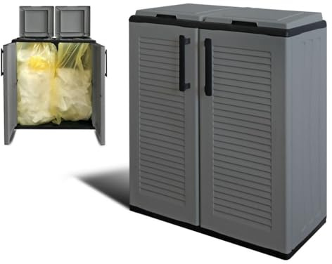 Mülltrennsystem 2Fach Outdoor Mülltonnenbox 2 Fächer Garten Müllbox Mülleimer Trennsystem Schrank zum Mülltrennen Garten Müllsackständer mit Deckel Müllsackhalter