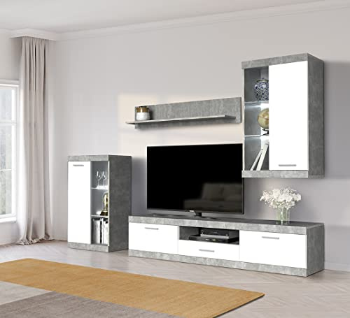 Home Heavenly® - Mueble salón Modular 255 cm Lewis. Conjunto Completo Mueble TV + 2 vitrinas + Estante (Blanco-Gris)