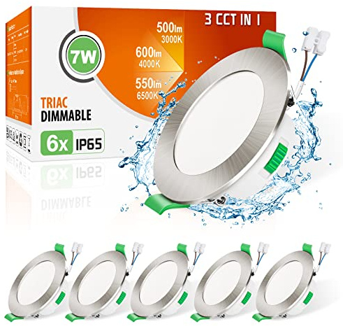 ALUSSO 3CCT LED Downlights Ceiling Dimmable 7W IP65 Cutout 67-75MM 6 Pack | Ultra Slim Recessed Ceiling Lights, Color Temperature Selectable 3000K 4000K 6500K Bathroom Kitchen Spotlights, Round Nickel