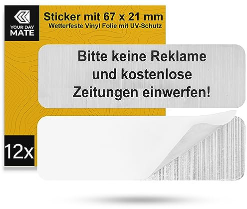 Briefkastenaufkleber Keine Werbung, 12 Stück, 67 x 21 mm, selbstklebende Folie in Edelstahl Optik, Stop Werbung Schild für Innen- und Außenbereich, Aufkleber Sticker Hinweis Bitte keine Werbung