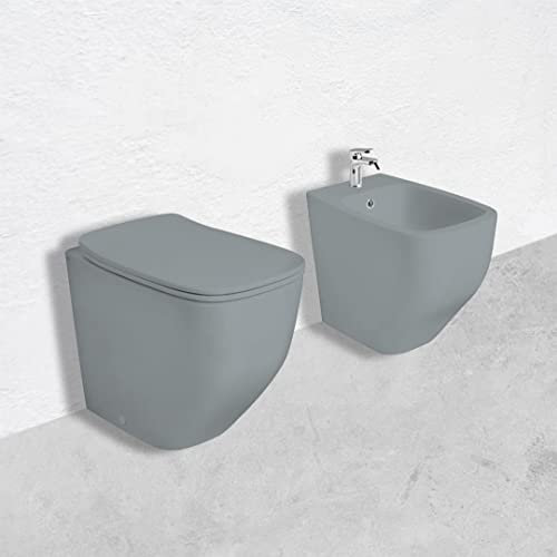 Kiamami Valentina - Coppia di sanitari filo muro bidet e wc grigio opaco con copriwc