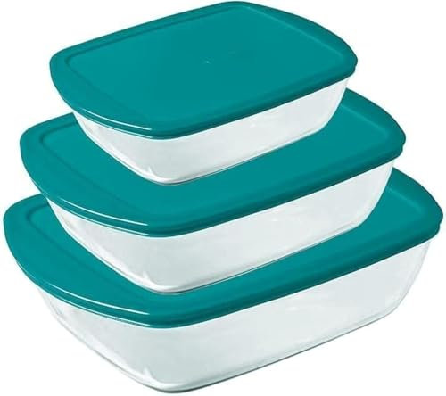 Pyrex Cook & Store Set of 3 Rectangular Glass Food Preparation & Storage Dishes with Lids (0.4L, 1.1L & 2.5L) BPA Free | Kitchen | Roasting | Freezing (Teal - Pyrex Cook & Store Set of 3), (913S342)