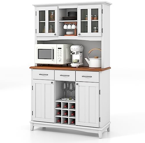 COSTWAY Armario Alacena de Cocina, Aparador Comedor con Vitrina de Vidrio Templado, Porta Botellas de Vino, Estantes Ajustables, Moderno Armario de Pie con 3 Cajones y Estantes Abiertos (Blanco)