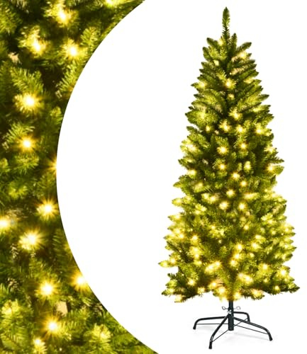 SPOTRAVEL 5FT Pre-lit Artificial Christmas Tree, Hinged Fir Christmas Tree | with 150 LED Lights, Metal Stand & 300 Tips, Festival Decoration for Home Office Store