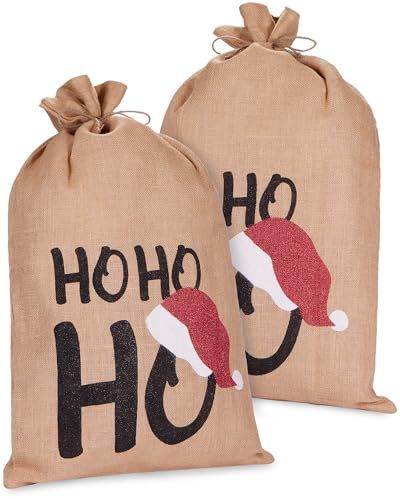 BRUBAKER Weihnachtssack Ho Ho Ho - 80 cm Geschenksack Weihnachten - Nikolaussack Jutebeutel Sack mit Kordel zum Verpacken von Geschenken - Jutesack groß - 2 Stück