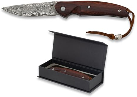 DAMASCO de Acero inoxidable 7cm con empuñadura de madera | Navaja plegable de bolsillo ideal para aire libre, senderismo y camping | Cuchillo 18719