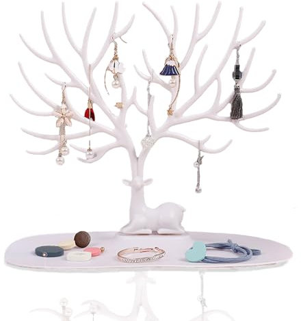 KASESSS Schmuckbaum für Ketten, Schmuckständer Weiß, Schmuckhalter Baum aus Plastik, Schmuck Ständer mit Schmuckablage, Kettenständer Schmuck für Ringe Ohrringe Halsketten Armbänder Geeignet und Uhren