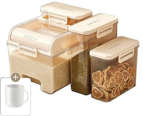Cereal Dispenser set of 4, Rice Storage Container With Measuring Cup & and wheel, for Cereal Grain Flour Rice Nuts Beans Pet, (C : Pink, S : 10.5L+4.4L+3L+1.3L)