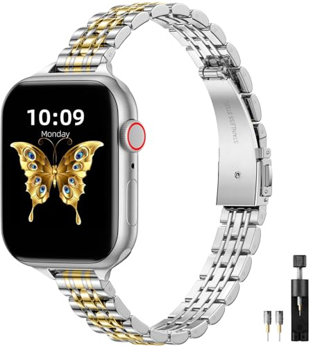 Maledan Metal Straps Compatible with Apple Watch Strap 40mm 41mm 38mm for Women/Men, Adjustable Stainless Steel Replacement Band for iWatch Series 9 8 7 6 5 4 3 2 1 SE 2/1 Ultra 2/1, Silver/Gold