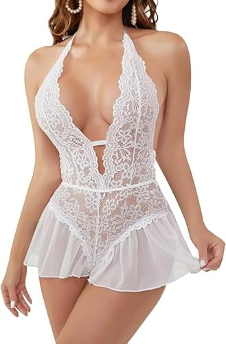 MIZSPISE Body in Pizzo Floreale per Donna Lingerie Sexy Babydoll Senza Schienale V Profondo Senza Schienale Indumenti da Notte per Donna Intimo Abito da Notte Teddy Babydoll Nero Bianco (Bianco, S)