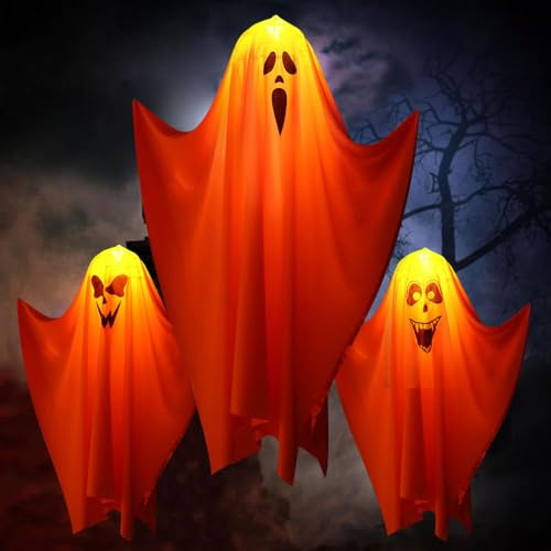 3 Stück Halloween Geister LED Lichterkette - Hängende Geister mit Lichterketten