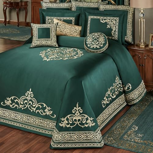 Touch of Class Balmoral Luxury Bedding | Imperial Emerald Green | Palace-Inspired Golden Scrollwork Embroidery on Sateen | Designed 3 Piece Set Includes Queen Bedspread and 2 Standard Shams