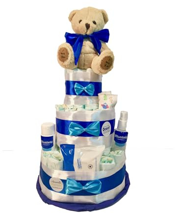 MomentosGourmet.Tarta de pañales Mustela azul .Añade tu dedicatoria personalizada. Regalo para bebé muy práctico. Cesta Canastilla recién nacido.Diaper Cake (Talla única)
