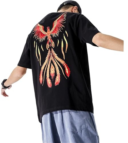 HaiZi XiHuan Men's Summer Phoenix Embroidered T Shirt Chinese Style Street Fashion Shirt Anime Mens Shirts Graphic Tee Shirts