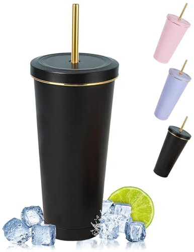 flintronic Simple Modern Vaso Térmico, 750ml Termo de Acero Inoxidable, Termo Café de con Aislamiento al Vacío de Doble Pared con Pajita y Cepillars, Sin BPA, para Café, Té y Bebidas Frías(Negro)