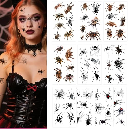 Halloween Tattoo Gesicht - 10 Blätter Temporäre Schwarze Spinnen Halloween Tattoos, Spinnenkostüm Damen, Halloween Zubehör, Trick or Treat