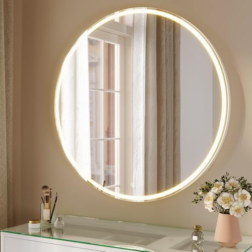 SUNXURY Schminkspiegel mit Beleuchtung Runder 80cm, LED Tischspiegel mit 3 Farbe modi dimmbar, Kosmetikspiegel mit Touchschalter und Steckdose, Abnehmbarer Standfuß, Wandmontage oder Tisch montiert