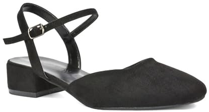 ESSEX GLAM Women's Ankle Strap Court Shoes Women's Block Low Heel Square Toe Black Faux Suede Strappy Heels Size 7